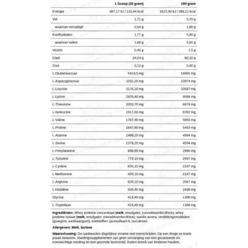 whey delicious vanile voedingswaarde