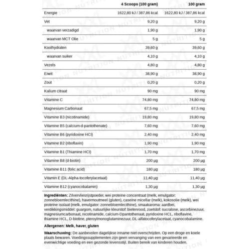 Voedingswaarde complex gainer xxl nutrition