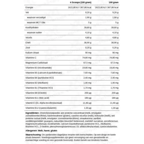 Voedingswaarde complex gainer xxl nutrition